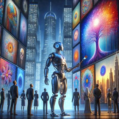 The primary subject of the image is a robot standing in a room with a large number of paintings on the walls. The robot is positioned in the center of the room, surrounded by the paintings. The setting appears to be a gallery or an art exhibition, with the robot possibly being a sculpture or a piece of art itself. The visual style of the image is digital art, as it is a computer-generated scene. The dominant colors in the image are various shades of gray, which are commonly associated with robotics and technology. The overall atmosphere of the image is one of artistic expression and creativity.